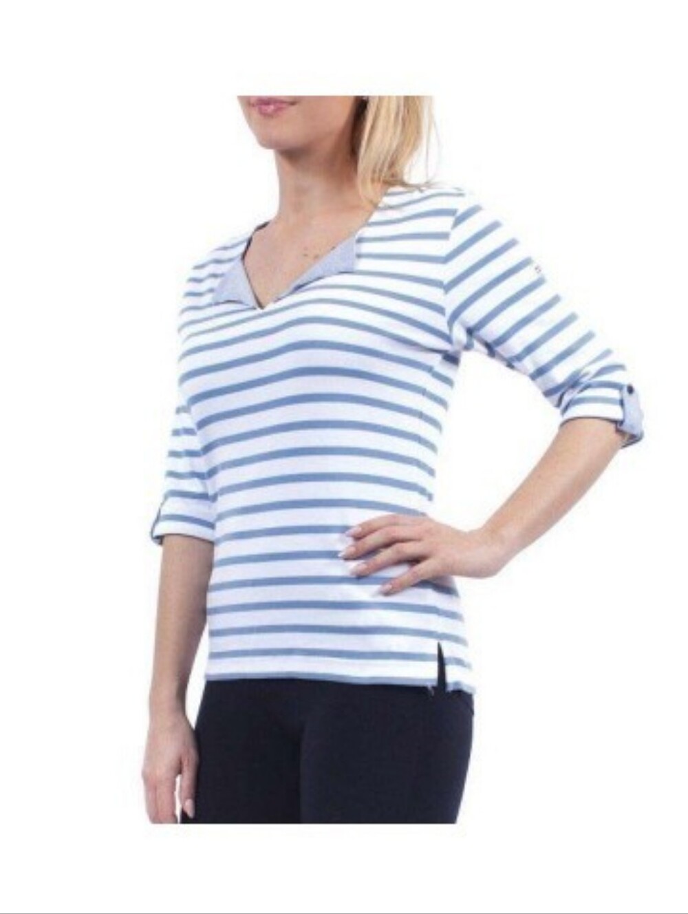 Hublot Striped V-Neck 3/4 Sleeve Top in Light Blue and White Size S